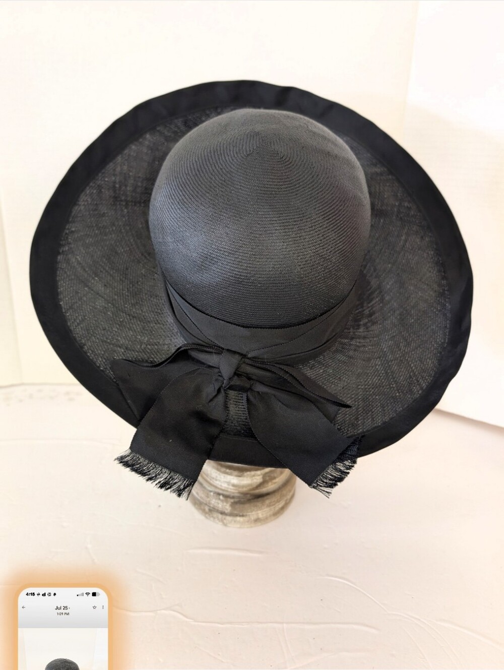 Vintage Hat By Schiaparelli Black Wide-Brim Sun Hat with Bow 1960